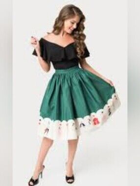 Barbie x Unique Vintage Teal with Barbie Border Print Swing Skirt - Size M